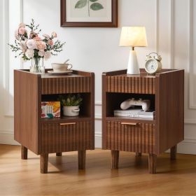 Walnut Brown Fluted Wood Nightstands with Drawer and Open Storage, 2 Pack Modern Bedroom Bedside Side End Tables for Living Room Home Decor