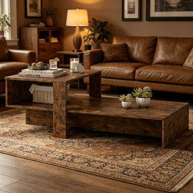 Modern 2-Tier Coffee Table Irregular Center Table with Open Storage Shelf for Living Room Decorative Wooden Top