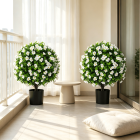 2 Pack Artificial Eucalyptus Topiary Trees with Cement Planter for Home Decor Evergreen Faux Eucalyptus Plants with Blooming Flowers