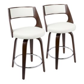 Mid-Century Modern Counter Stool with Swivel in Cherry and White Faux Leather - Set of 2