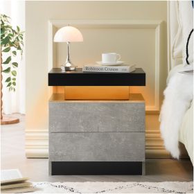 Nightstand LED Bedside Table Cabinet Lights Modern End Side with 2 Drawers for Bedroom (Black+Gray)