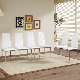 Modern Style Dining Chairs Set of 6 in White, Essential for Minimalist Homes.Meeting Family Dining Needs,PU Material Seat,Silver Metal Legs