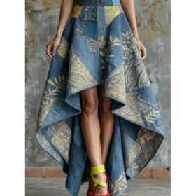 Vintage Distressed Denim Printed Asymmetric High-waist Flared Skirt (Option: Style1-S)