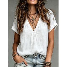 Loose-fit V-neck Short-sleeve Casual Solid-color Shirt (Option: White-S)