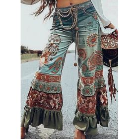 Ursime Boho Print Ruffle Hem Flare Pants (Option: Light Blue-S)