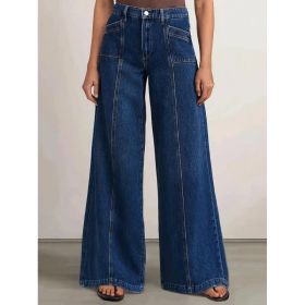 Vintage Dark Wash Wide Leg Denim Pants High Rise Yellow Contrast Seam Front Patch Pocket Loose Retro Long Jeans (Option: Blue-S)