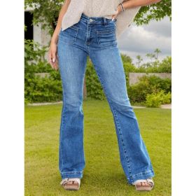 Women High Waist Front Double Pocket Washed Flare Denim Pants Slim Drape Jeans For Outdoor Garden Casual Daily Wear (Option: Blue-S)