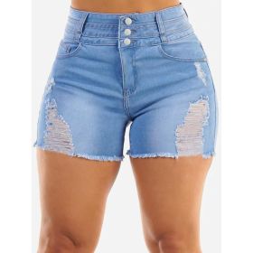 Women Three Button High Waist Ripped Frayed Denim Shorts Stretch Skinny Hot Pants For Summer Beach Vacation (Option: Blue-S)