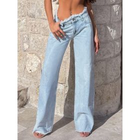 New Women's High-quality Low-rise Frayed Hem Loose Straight Leg Denim Wide-leg Pants, Fashionable And Versatile, Suitable For All Seasons. (Option: Light Blue-S)