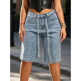 New Summer Women's Rhinestone-Embellished, Loose-Fitting Straight-Leg Cropped Jeans, Includes A Belt, Comfortable Fit, Summer Outfits For Women (Option: S)