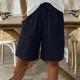 Solid-color Tie-up Loose Casual Capri Pants (Option: Navy Blue-S)
