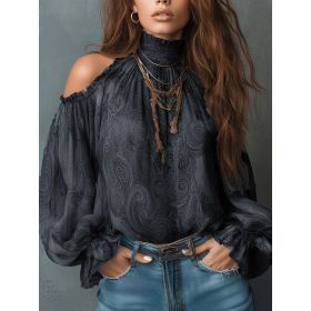 Retro Cashew-print High-neck Off-shoulder Chiffon Blouse (Option: Black-S)