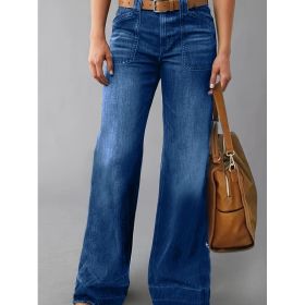 Women High Waist Wide Leg Denim Pants With Big Cargo Patch Pockets Vintage Washed Drape Trousers For Daily Commute Casual Wear (Option: Blue-S)
