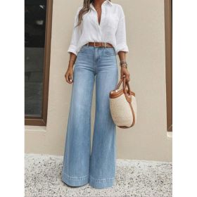 Women Light Blue Washed High Waist Loose Wide Leg Jeans Stretch Floor Cut Casual Vacation Daily Straight Denim Pants (Option: Blue-S)