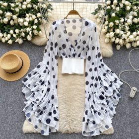 Womens Sheer Cross V-Neck Waist-Cinched Flare-Sleeve Polka-Dot Top (Option: White Polka Dot-Free Size)