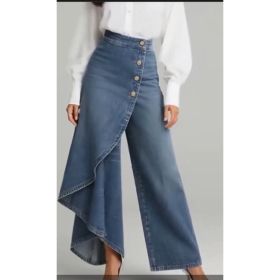 Unique Straight-leg Pants Fashion Large Ruffled Buttons Trousers Women's Faux Jeans Clothing (Option: Light Blue-S)