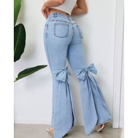 Womens High Waisted Stretchy Denim Flared Jeans With A Bow Detail (Option: Light Blue-S)