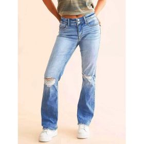 Women Double Button High Waist Gradient Ripped Flare Denim Jeans Stretch Frayed Pants For American Street Daily Casual Outfits (Option: Blue-S)