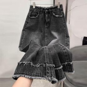 Straight-cut Raw-edge Denim Skirt For Women (Option: Black And Gray-S)