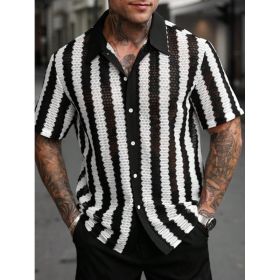 Mens Black And White Striped Hollow-Out Short-Sleeve Shirt (Option: CS1TT012-S)