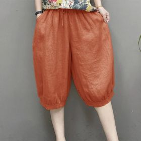 Plus-size Loose-fit Tie-waist Elastic-waist Capri Pants Solid-color Bloomers (Option: Orange-L)