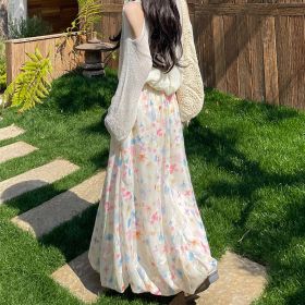 Contrast-color High-waisted Cloud-patterned Midi Puffy Skirt (Option: Color-S)