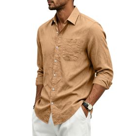 Mens Linen Loose-fit Lapel Long-sleeve Shirt (Option: Yellowish Brown-S)
