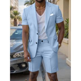 Mens Solid-Colored Gentleman Short-Sleeve Two-Piece Suit (Option: Blue-S)