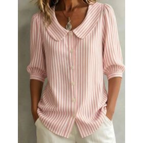 Mid-sleeve Striped V-neck Shirt Top T-shirt Womens Clothing (Option: Pink-S)