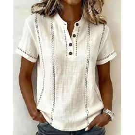 Summer Striped Short-Sleeve Shirts Casual Stand-Collar V-neck Button Blouse Womens Clothing (Option: White-S)