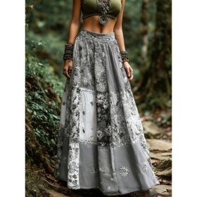 Bohemian Ethnic Style Patchwork Printed High-waist Flared Long Dress (Option: Gray-S)