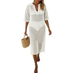 Fisoew Womens Crochet Swimsuit Coverup Summer Hollow Out Short Sleeve V Neck Bikini Coverups Vacation Beach Maxi Dress (Option: White-S)