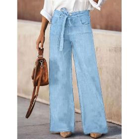 Women Light Blue High Waist Tie Belt Wide Leg Denim Pants Loose Drape Trousers For Beach Vacation Daily Office Casual Wear (Option: Blue-S)