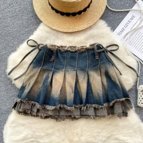 Washed Watercolor Pleated Short Skirt With Bow (Option: Picture Color-S)