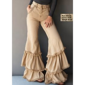 Denim-like Printed Multi-layer Ruffled Flared Pants (Option: Khaki-S)
