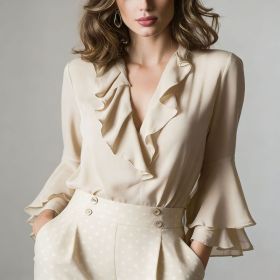 SpringSummer Sweet Ruffle-Trimmed V-Neck Shirt (Option: Apricot-S)