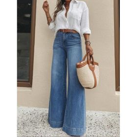 Classic Medium Blue Washed Wide Leg Denim Jeans High Waist Full Length Loose Retro Streetwear Five Pockets Casual Pants (Option: Blue-S)