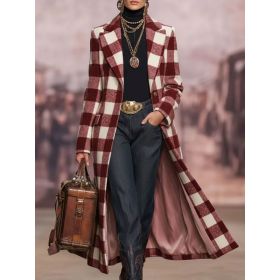Women's Loose-fitting Long Plaid Lapel Coat (Option: Red-M)