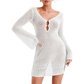 Saodimallsu Womens Crochet Swimsuit Coverup Summer Sexy V Neck Long Bell Sleeve Mesh Knit Bikini Cover Ups Beach Dresses (Option: White-L)