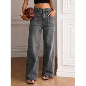 Women Gray High Waist Loose Denim Trousers Front Patch Pockets Soft Washed Casual Daily Straight Wide Leg Jeans (Option: Gray-S)