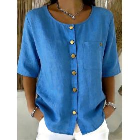 Womens Crew-Neck Shirt With Metal Buttons And Three-Quarter Sleeves (Option: Blue-S)