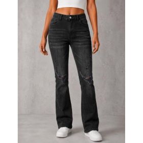 High Waist Black Washed Ripped Flare Jeans Women Faded Distressed Stretch Denim Bootcut Casual Vintage Long Pants (Option: Gray-S)