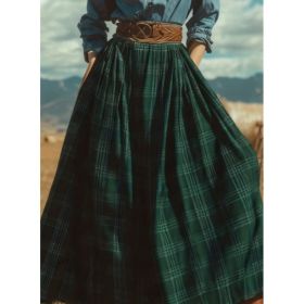 Plaid Pleated Maxi Skirt Casual Midi Skirt (Option: Dark Green-S)
