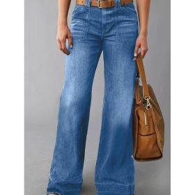 Vintage Washed Blue Cargo Wide Leg Denim Pants High Rise Double Front Pockets Loose Retro Women Casual Jeans (Option: Blue-S)