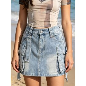 New Women's Summer Sexy Slim-Fit Washed Blue Multi-Pocket Cargo Denim Pencil Skirt, Summer Outfits For Women (Option: S)