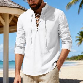 Mens Casual Long-sleeve Linen Henley Shirt (Option: White-S)