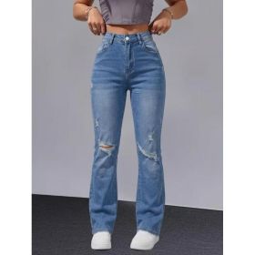 Women Distressed Cuffed Straight Leg Cropped Denim Jeans Stretch Slim Pants For Daily Street Casual Outfits (Option: Blue-S)