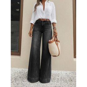 Vintage Washed Black High Waist Wide Leg Jeans Women Loose Floor Length Denim Pants Casual Relax Fit Pocket Retro Denim Trousers (Option: Black-S)