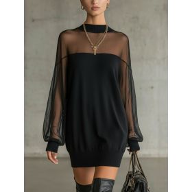 Womens European And American-style Springautumn Mesh Patchwork Mini Skirt O Neck Long Sleeve Pullover Party Dresses (Option: Black-L)