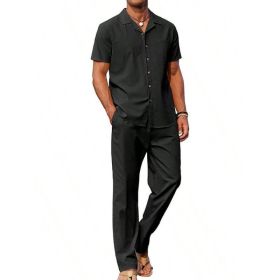 American-style Vintage Short-sleeve Shirt And Casual Trousers Two-piece Set (Option: Black-S)